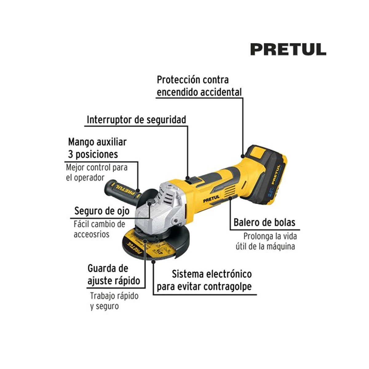 Esmeriladora 4-1/2", 20V, 1 batería 4Ah, PRETUL - Imagen 2