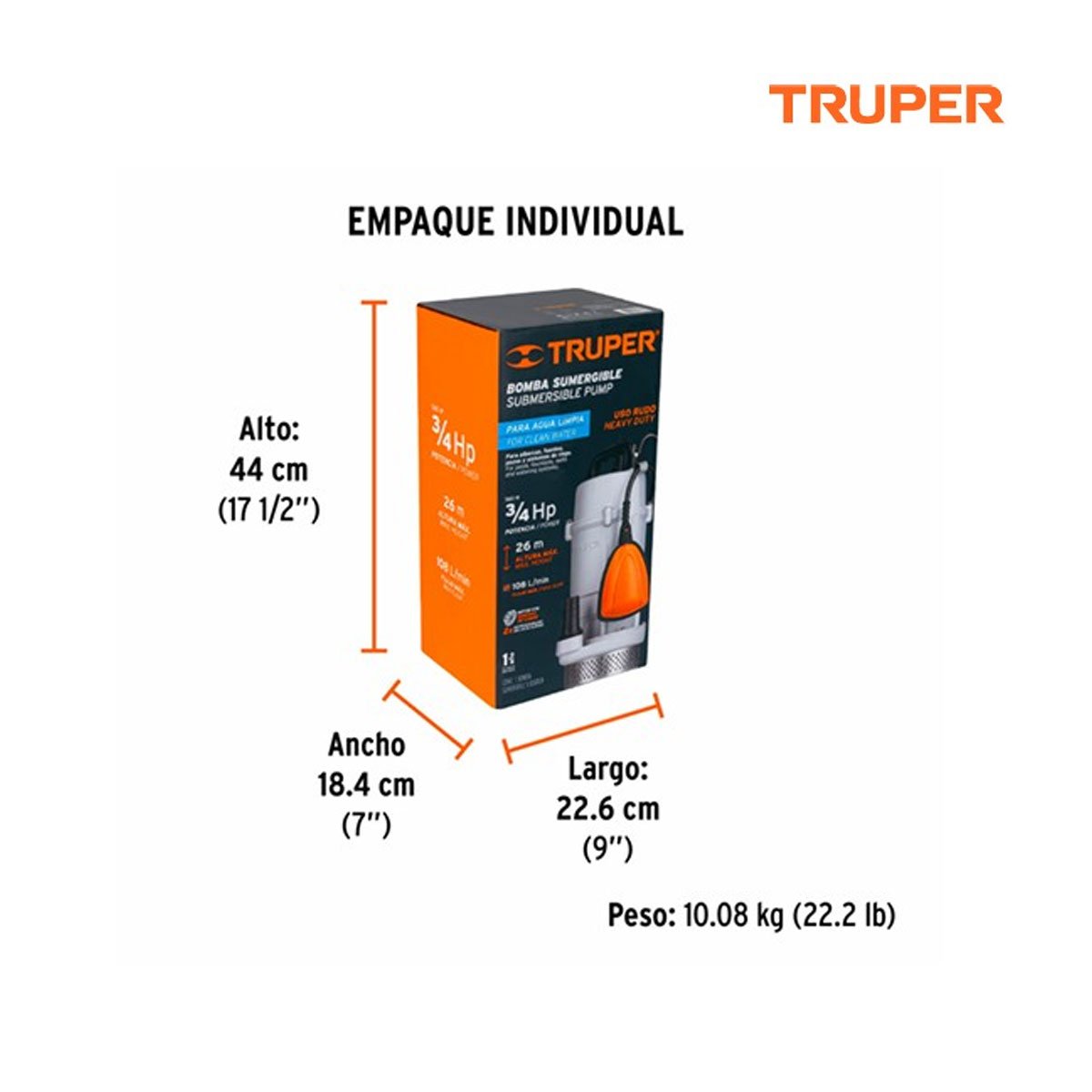 Bomba sumergible cubierta aluminio,agua limpia,3/4HP, TRUPER 15002 - Imagen 4