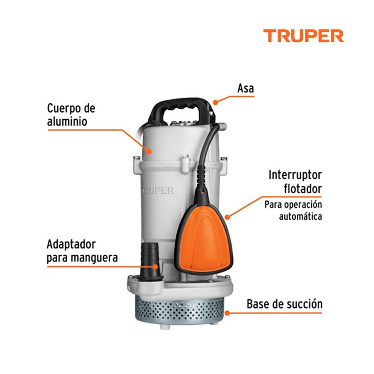 Bomba sumergible cubierta aluminio,agua limpia, 1 HP, TRUPER 15003 - Imagen 2