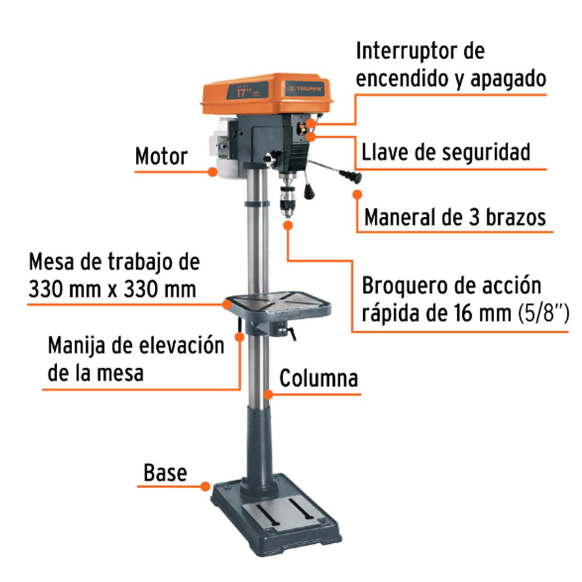 Taladro de piso 17", broquero 5/8", 1200W (1-1/2HP), Truper 16182 - Imagen 2