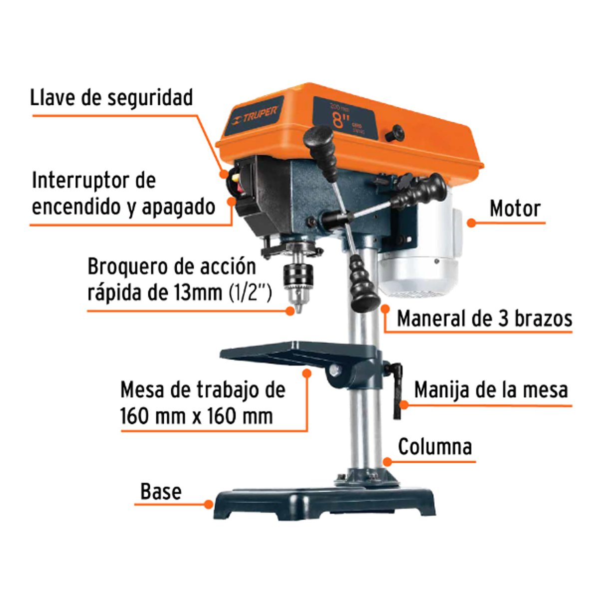 Taladro de piso 8" de 250 W (1/3 HP), broquero de 1/2" 16174 - Imagen 2
