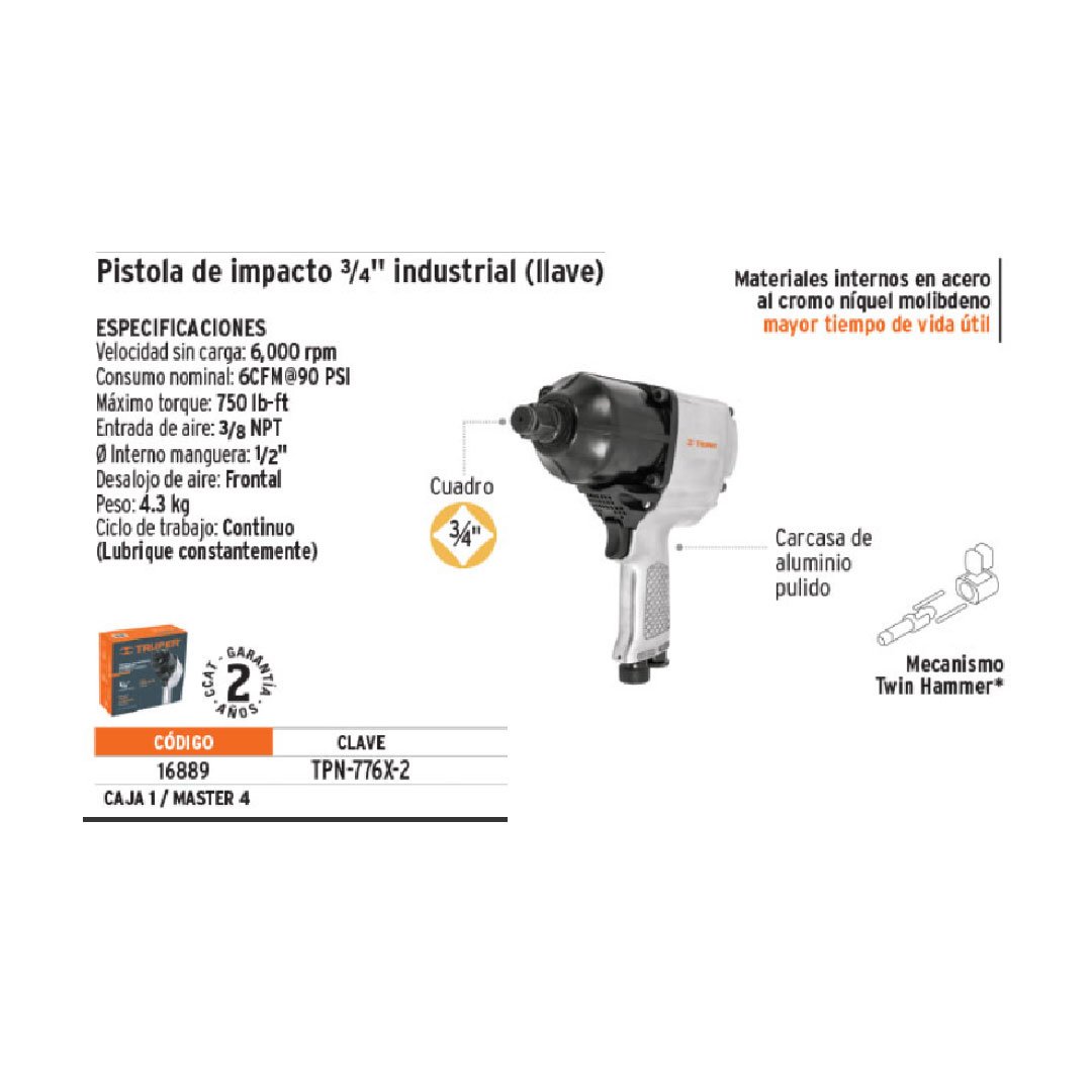 Pistola de Impacto Neumatica Truper 16889 Industrial 750 Lb 3/4 - Imagen 2