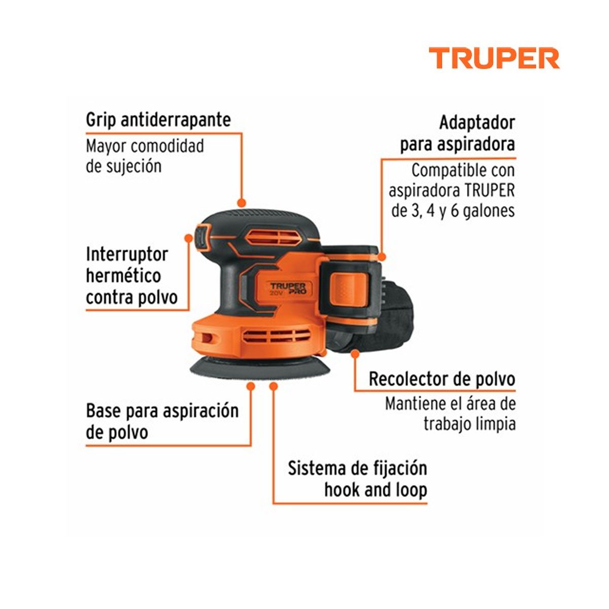 Lijadora roto-orbital 5", 20V, 1 batería 2Ah, TRUPER PRO - Imagen 2