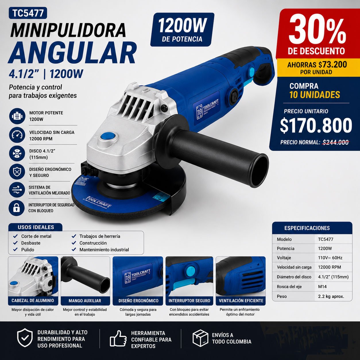 Minipulidora Angular Tc5477 4.1/2 1200W X 10 UNIDADES