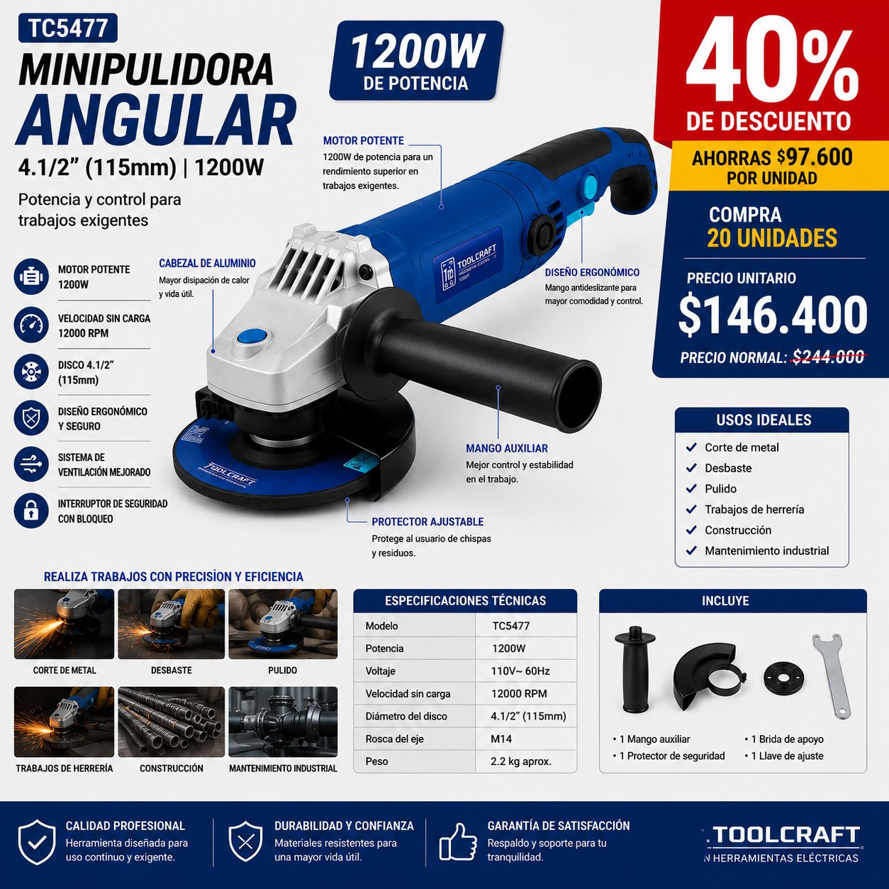 Minipulidora Angular Tc5477 4.1/2 1200W X 20 UNIDADES