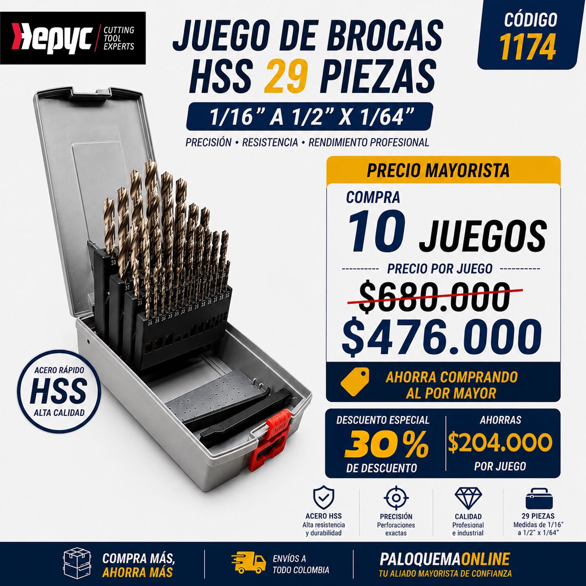 Juego de Brocas HSS Hepyc 29 Piezas Precio Mayorista x10