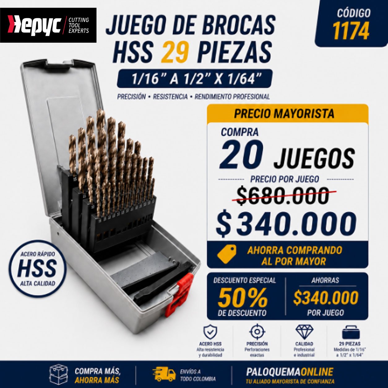 Juego de Brocas HSS Hepyc 29 Piezas Precio Mayorista x20