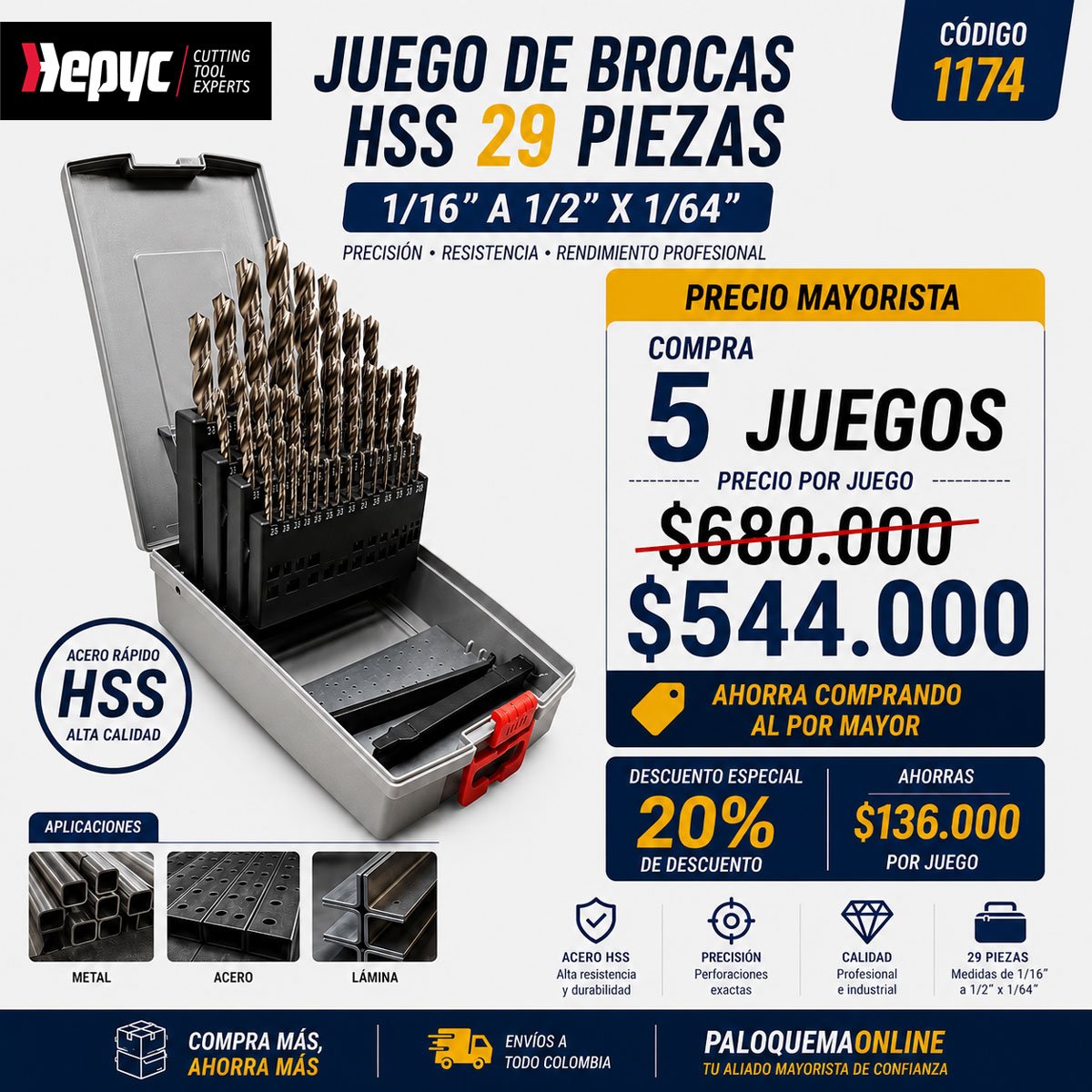 Juego de Brocas HSS Hepyc 29 Piezas Precio Mayorista x5