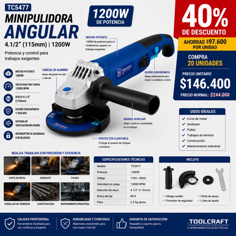 Minipulidora Angular Tc5477 4.1/2 1200W X 20 UNIDADES