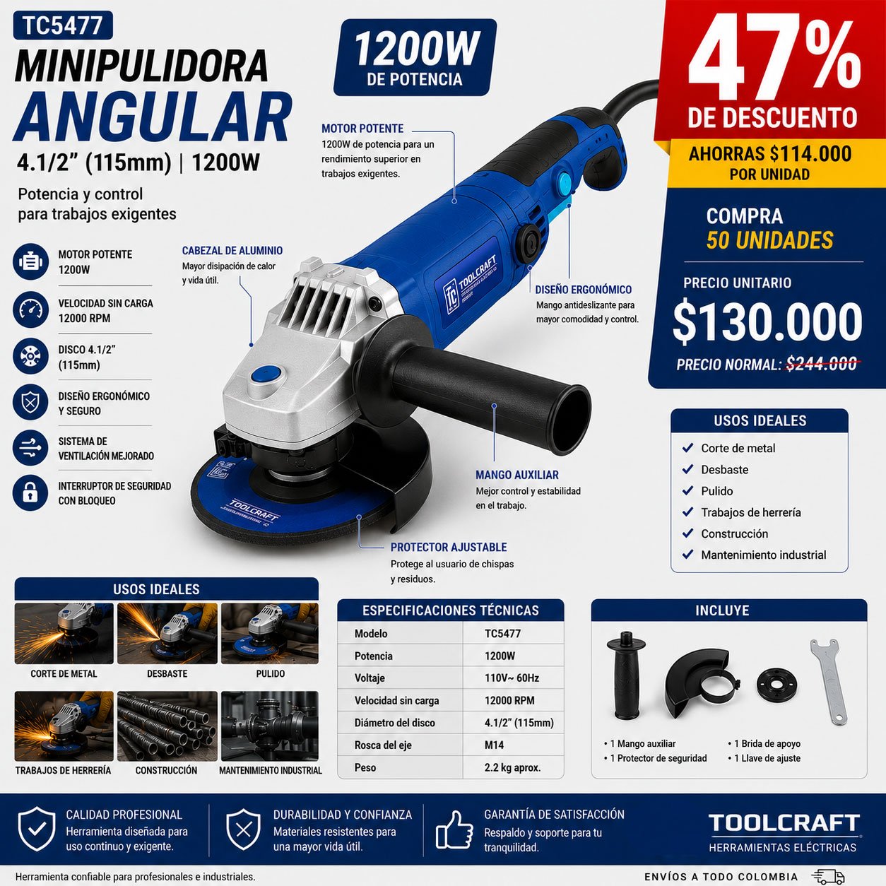 Minipulidora Angular Tc5477 4.1/2 1200W X 50 UNIDADES