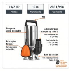 Bomba sumergible para agua sucia Truper 12608 A.Inox 1.1/2 HP