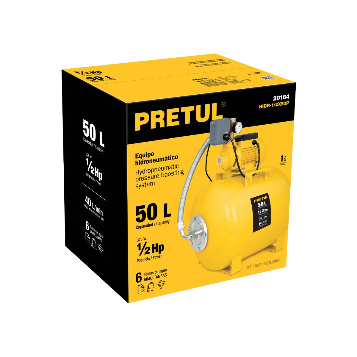 Bomba Hidroneumática 1/2 Hp, 50 Litros, Pretul" 20184 - Imagen 6